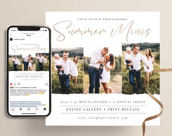 Peut inclure: Une affiche blanche avec une police d'écriture cursive brune qui dit "Summer Minis" et un collage de trois photos de familles dans un champ. Le texte sous les photos dit "200 € - Session de 30 minutes - 10 images numériques" et "Galerie en ligne - Autorisation d'impression". Le bas de l'affiche dit "www.yourphotostudio.com".