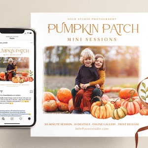 Pode incluir: Um folheto para uma mini sessão de fotos num pomar de abóboras. O folheto apresenta uma foto de duas crianças sentadas numa pilha de abóboras. O texto do folheto diz "Your Studio Photography Pumpkin Patch Mini Sessions 30 Minute Session, 10 Digitals, Online Gallery, Print Release Info@yourstudio.com"