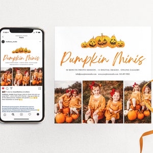May include: A flyer for a pumpkin mini photo session. The flyer features a watercolor illustration of pumpkins with jack-o-lantern faces. The text on the flyer reads "Pumpkin Minis" and includes details about the photo session, such as the duration, number of digital images, and online gallery.