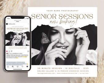 May include: Black and white promotional image for senior photography sessions. The image features a woman with a butterfly on her finger, with the text "SENIOR SESSIONS now booking!" and contact information.