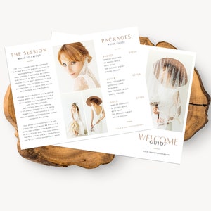 May include: A welcome guide for a photography business with a price list for three packages: Bronze, Silver, and Gold. The packages include different levels of coverage, prints, and online galleries. The guide also includes a section titled "The Session: What to Expect".
