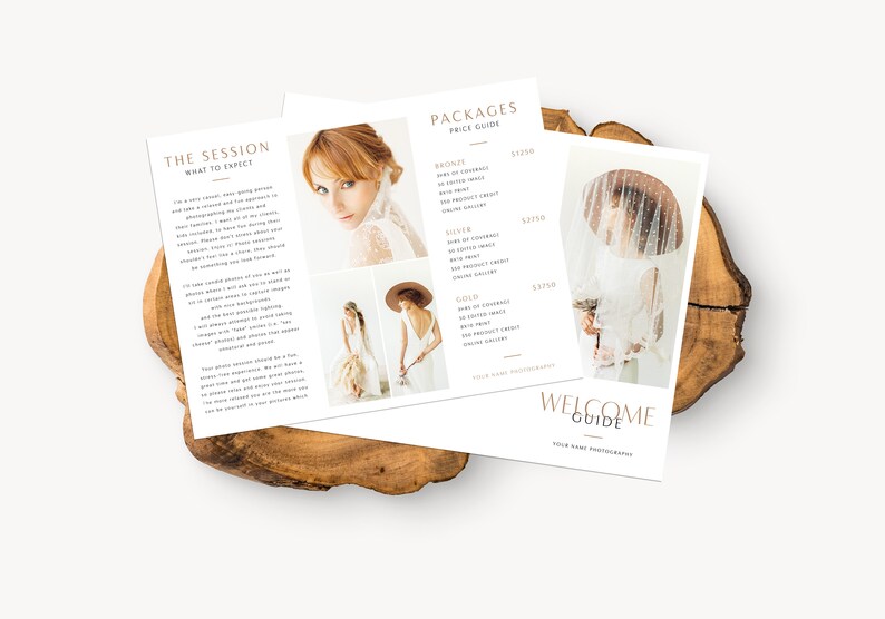 May include: A welcome guide for a photography business with a price list for three packages: Bronze, Silver, and Gold. The packages include different levels of coverage, prints, and online galleries. The guide also includes a section titled "The Session: What to Expect".