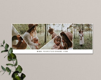 Puede incluir: Un collage de fotos con una mujer y dos niños en un área boscosa. La mujer lleva un vestido blanco y un sombrero marrón. Los niños llevan vestidos y se toman de la mano. Las fotos están dispuestas en un patrón triangular. El texto "www.yourstudioname.com" está en la parte inferior del collage.