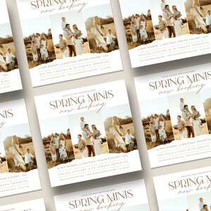Pode incluir: Um folheto a anunciar sess&otilde;es de fotos mini de primavera. O folheto apresenta uma colagem de fotos de fam&iacute;lias num campo, com o texto "Spring Minis now booking" numa fonte de escrita cursiva castanho.