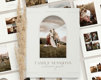 Könnte beinhalten: Ein Willkommensleitfaden für Familienfotoshootings. Das Cover zeigt eine fünfköpfige Familie, die in einem Feld mit Sonnenuntergang im Hintergrund steht. Der Text "FAMILY SESSIONS welcome guide" ist in einer modernen Schriftart.