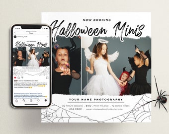 May include: A black and white flyer with a spiderweb design. The flyer advertises "Halloween Minis" photography sessions. The text "NOW BOOKING" is at the top of the flyer. The flyer includes the text "YOUR NAME PHOTOGRAPHY" and contact information.