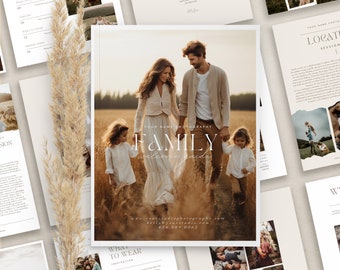 May include: A welcome guide for family photography sessions. The guide features a family of four walking in a field, with the text "FAMILY welcome guide" in a white font on a brown background. The guide also includes information about what to wear, location options, and contact information.