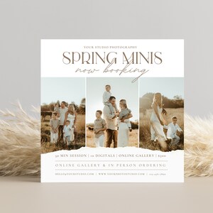 Pode incluir: Um folheto que anuncia sess&otilde;es de fotografia mini de primavera. O folheto apresenta tr&ecirc;s fotos de fam&iacute;lias num campo. O texto do folheto diz "Spring Minis now booking", "30 min session | 10 digitals | online gallery | 300 &euro;", "online gallery & in person ordering", "hello@yourstudio.com", "www.yourphotostudio.com" e "123-416-7890".