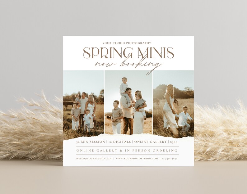 Pode incluir: Um folheto que anuncia sess&otilde;es de fotografia mini de primavera. O folheto apresenta tr&ecirc;s fotos de fam&iacute;lias num campo. O texto do folheto diz "Spring Minis now booking", "30 min session | 10 digitals | online gallery | 300 &euro;", "online gallery & in person ordering", "hello@yourstudio.com", "www.yourphotostudio.com" e "123-416-7890".