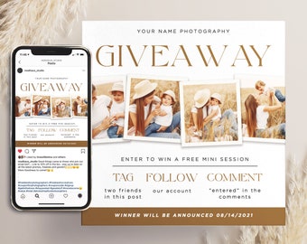 May include: A giveaway announcement for a free mini photography session. The announcement features a collage of photos of a mother and child in a field. The text reads "Enter to win a free mini session. Tag two friends in this post. Follow our account. Comment "entered" in the comments. Winner will be announced 08/14/2021."