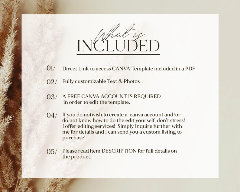 Pode incluir: Um fundo branco com texto preto listando o que est&aacute; inclu&iacute;do em um produto digital. O texto diz: "What is Included" e lista cinco itens: "Direct Link to access CANVA Template included in a PDF", "Fully customizable Text & Photos", "A FREE CANVA ACCOUNT IS REQUIRED in order to edit the template", "If you do not wish to create a Canva account and/or do not know how to do the edit yourself, don't stress! I offer editing services! Simply Inquire further with me for details and I can send you a custom listing to purchase!" e "Please read item DESCRIPTION for full details on the product."