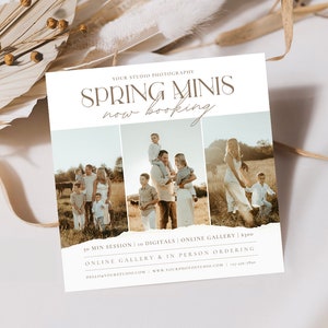 Pode incluir: Um cart&atilde;o branco com uma borda rasgada anunciando "SPRING MINIS now booking" com uma colagem de fotos de fam&iacute;lias em um campo. O texto tamb&eacute;m inclui "30 MIN SESSION | 10 DIGITALS | ONLINE GALLERY | 500&euro; ONLINE GALLERY & IN PERSON ORDERING HELLOYOURPHOTOSTUDIO.COM WWW.YOURPHOTOSTUDIO.COM | 123-456-7890"