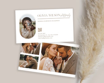 May include: A business card design featuring the name "OLIVIA WILSON photography" with a photo of a photographer. Below are sample wedding photos. Contact information includes a phone number and website.