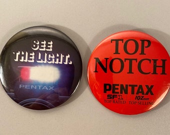 Pentax SF1 Trade Show Pinback Buttons, Two Vintage Photography Pin Backs, Cool Old Film Camera Flash Convention Collectibles, Free Shipping