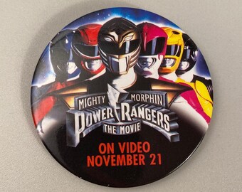 1995 Power Rangers Pinback Button, Vintage 90s Mighty Morphin Fan Pin Back, Cool Old Hollywood Movie VHS Collectibles, Free Shipping