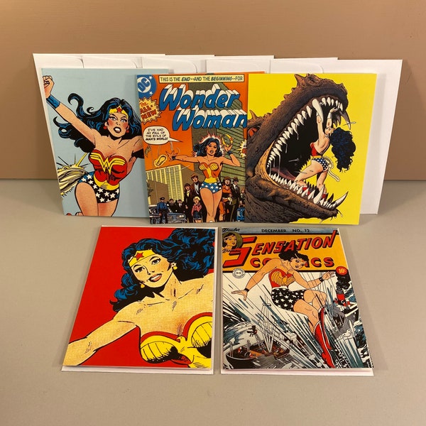 Five Vintage Notecards and Envelopes, 1990s New Old Stock, Wonder Woman Cards, Comic Book Art, Unused Blank Inside Note Cards, Free Shipping