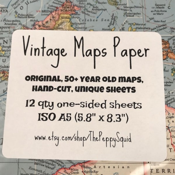 1960s, 5.8" x 8.3" (ISO A5 size), 12 pack, Old Maps Paper, One-sided, Vintage Scrapbooking Supplies, Travel Themed, Assemblage, Decoupage