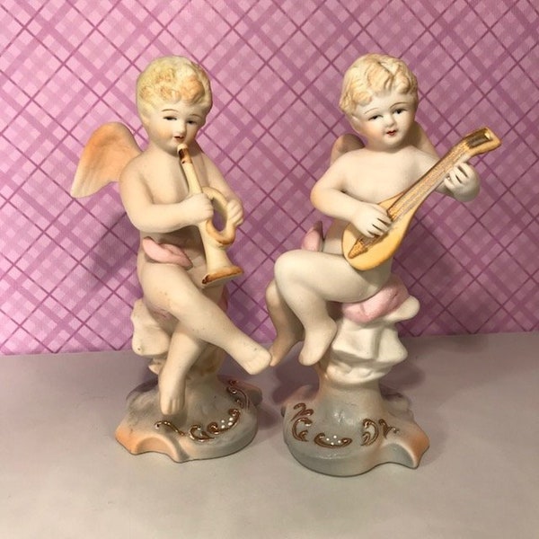 Occupied Japan Angels, 1940s Porcelain, Angels Playing Music, Japanese Cherub Figures, Fancy Antique Gift, Religious Women Gift, Ships Free