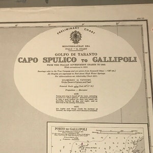 May include: A black and white nautical chart of the Golfo di Taranto, Italy, with the title "CAPO SPULICO TO GALLIPOLI" and a smaller inset map of "PORTO DI GALLIPOLI".