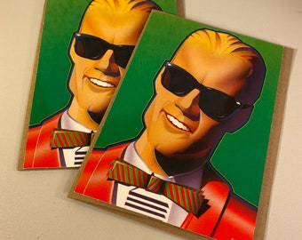 Two Cards and Envelopes, 1980s New Old Stock, Shoebox Greetings Christmas Card, Max Headroom Holiday Card, Vintage Unused 2 Pack, Ships Free