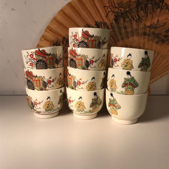 10 Asian Tea Cups Set, Fancy Matching Teacups, Far East Hand Painted, Black  Red Green Yellow White Gold, 5.5 Ounce Capacity, Free Shipping 