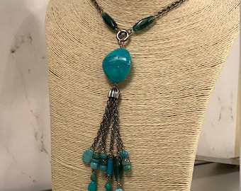Vintage Turquoise Necklace, Blue and Green Necklace, Turquoise Y Necklace, Long Southwestern Necklace, Southwest Jewelry, Free Shipping
