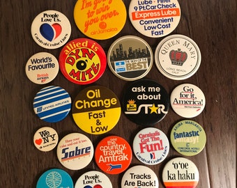 20 Transportation Travel Pinback Buttons, 1980s Pins Old Cool 80s Flair, Plane Car Boat Train Hotel Cruise Airline Oil Change, Free Shipping