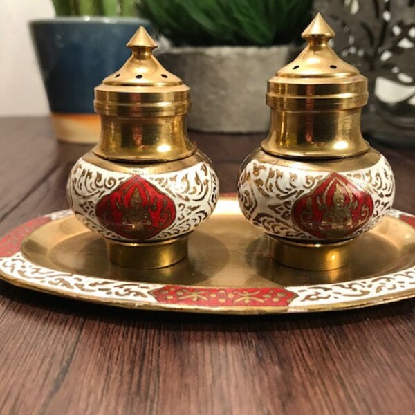 3 Piece Vintage Far East Style Enamel and Brass Decorative Salt and Pepper Set, Antique Home Tableware Salt & Pepper Shakers, Free Shipping