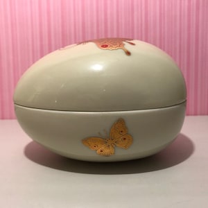 1980s Takahashi Egg Shaped Butterflies Trinket Box, Dresser Desk Knick Knack, Ceramic Jewelry Box, Hand Decorated in Gold, Free Shipping