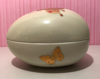 1980s Takahashi Egg Shaped Butterflies Trinket Box, Dresser Desk Knick Knack, Ceramic Jewelry Box, Hand Decorated in Gold, Free Shipping