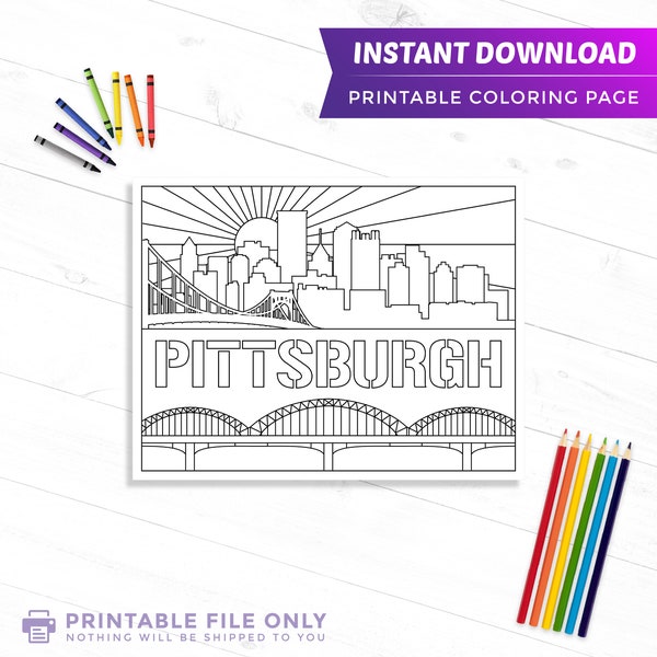 Pittsburgh Coloring Printable, Instant Digital Download, Adult Stress Relief Activity, Black & White Pages, DIY Art Therapy, Print PDF File