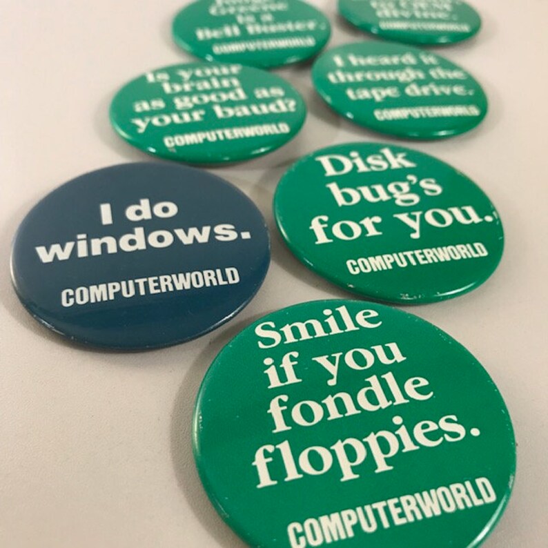 7 Computer World Vintage Pinback Buttons, 7 Metal Buttons, Vintage ...