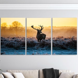 Dawn Buck Multi Panel Canvas Set, Countryside House Decor Picture, Mule Deer Wildlife Nature Scenario, Man Cave Home Decoration Wall Art
