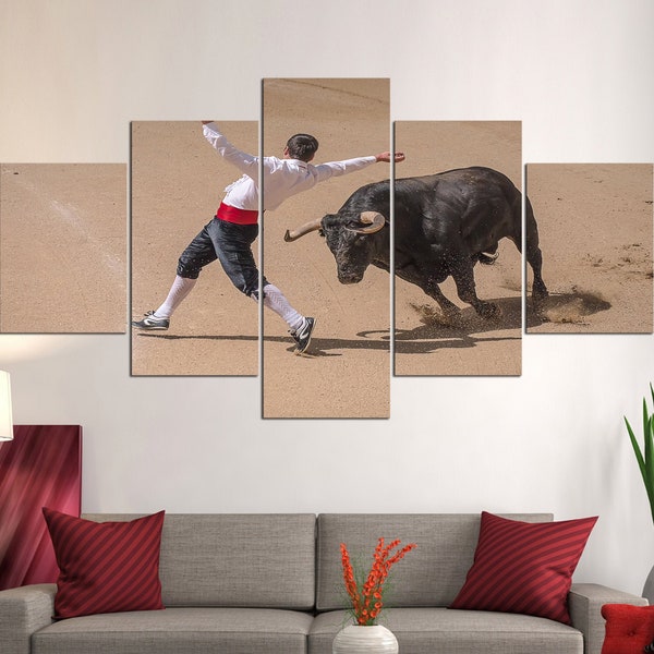 Bull Fight Multi Panel Canvas Set, Spanish Fighting Bull House Decor Picture, Matador Close Call, Man Cave Home Decoration Office Wall Art