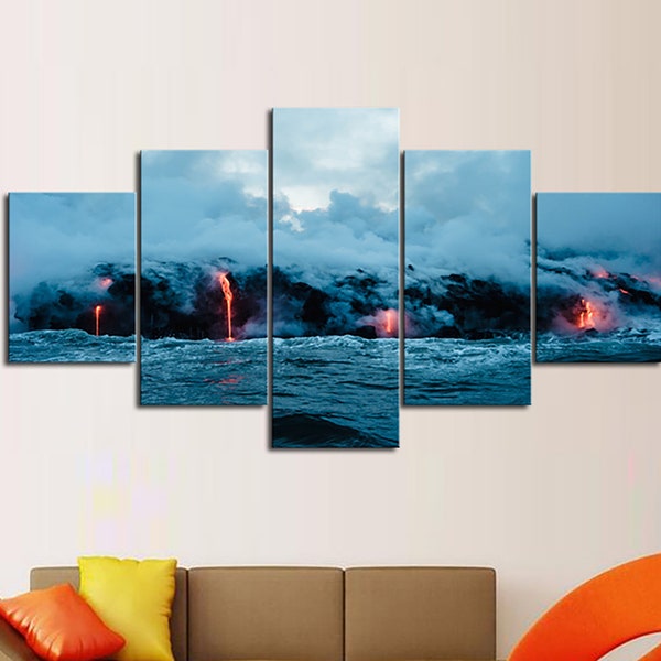 Hawaiian Lava Multi Panel Canvas Set, Ocean House Decor Picture, Nature Scenery, Home Decoration Wall Art, Tropical Island