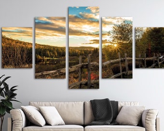 Country Fence Sunset Multi Panel Canvas Set, Ranch House Decor Picture, Nature Scenery, Home Decoration Office Wall Art Countryside River