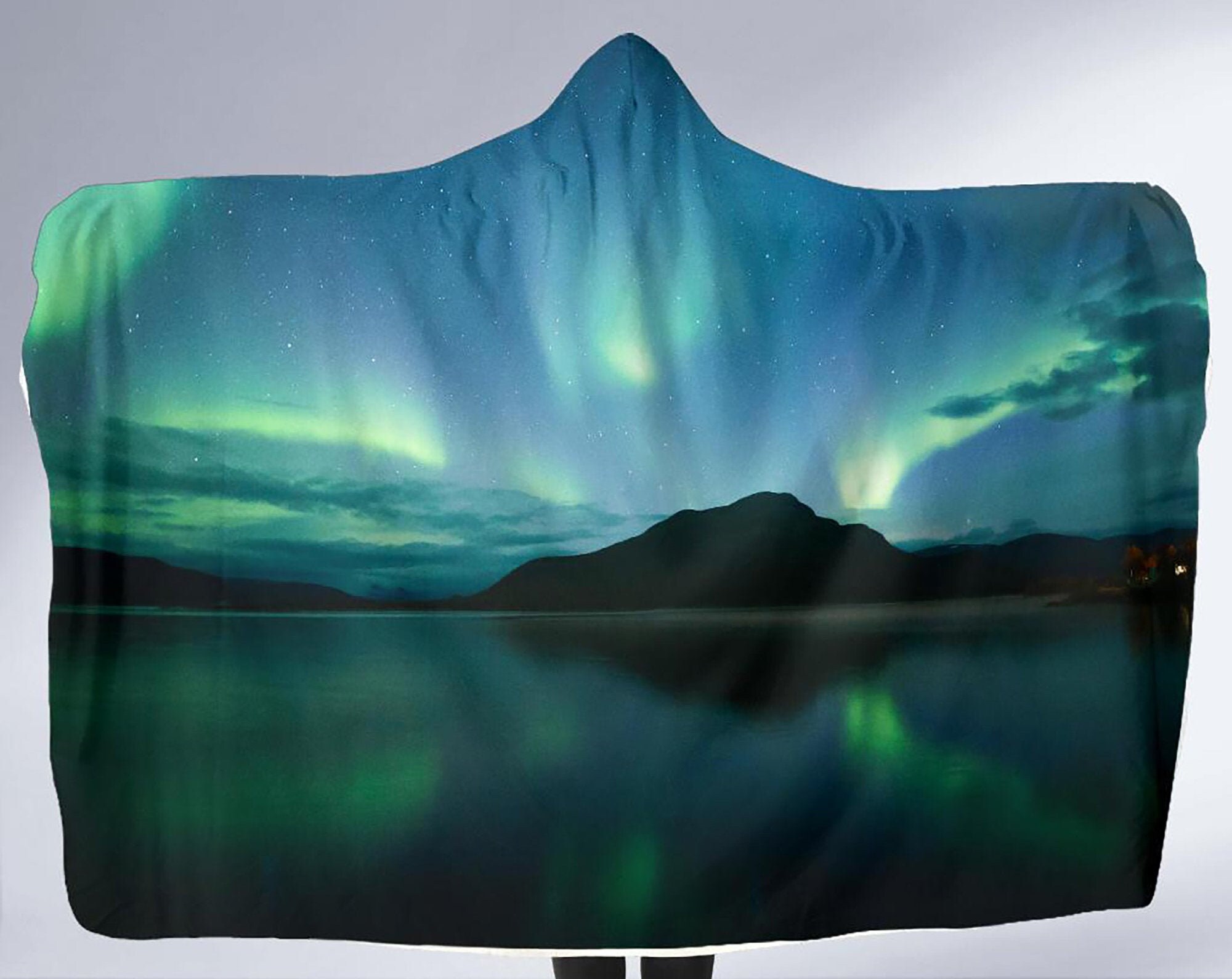 Dancing Night Sky Hooded Blanket, Adult and Youth Sizes, Soft Fleece Blanket with a Hood, Northern Lights Throw, Cozy Aurora Borealis