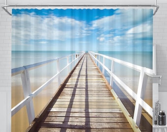 Pier Walk Shower Curtain, Bathroom Decor, Ocean Waves, Home Decoration Artwork, Bath Tub Decor, Tropical Beach Sand