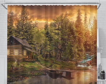 Cabin in the Woods Shower Curtain, Bathroom Decor, Forest Sunset, Fisherman Home Decoration Artwork, Quirky Bathroom Decor, Fishing Lake