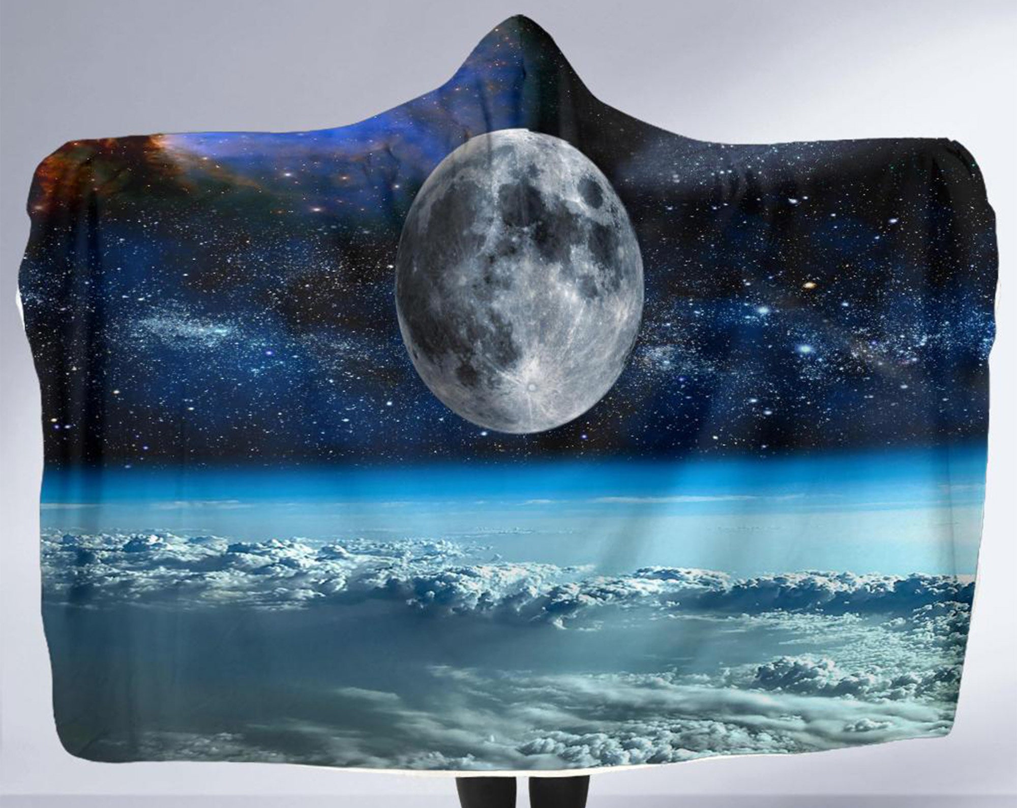 Satellite View Hooded Blanket, Adult and Youth Sizes, Soft Fleece Blanket with a Hood Moon Outer Space Throw