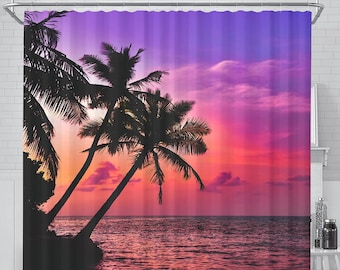 Tropical Sunset Shower Curtain, Bathroom Decor, Window Sea View, Home Decoration Artwork, Bath Tub Decor, Hawaii Beach Sand