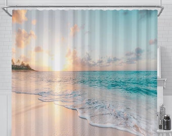 Beach Morning Sunrise Shower Curtain, Bathroom Decor, Ocean Waves, Home Decoration Artwork, Bath Tub Decor, Tropical Beach Sand