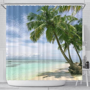 Palm Tree Shower Curtain, Bathroom Decor, Ocean View, Home Decoration Artwork, Bath Tub Decor, Tropical Beach Sand