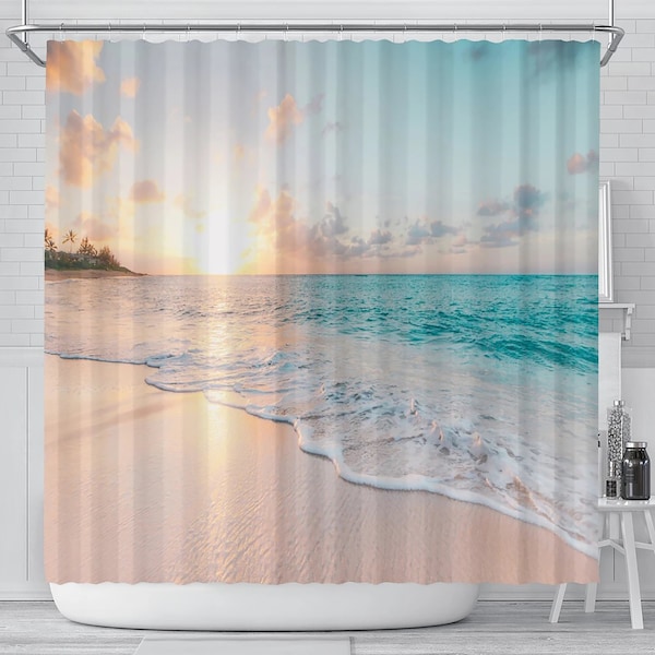 Beach Morning Sunrise Shower Curtain, Bathroom Decor, Ocean Waves, Home Decoration Artwork, Bath Tub Decor, Tropical Beach Sand