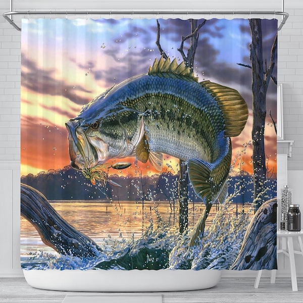 Bass Master Angler Shower Curtain, Bathroom Decor, Bass Fish, Fisherman Home Decoration Artwork, Quirky Bathroom Decor, Fishing Lake