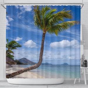 Crooked Palm Beach Shower Curtain, Bathroom Decor, Window Sea View, Home Decoration Artwork, Bath Tub Decor, Tropical Beach Sand