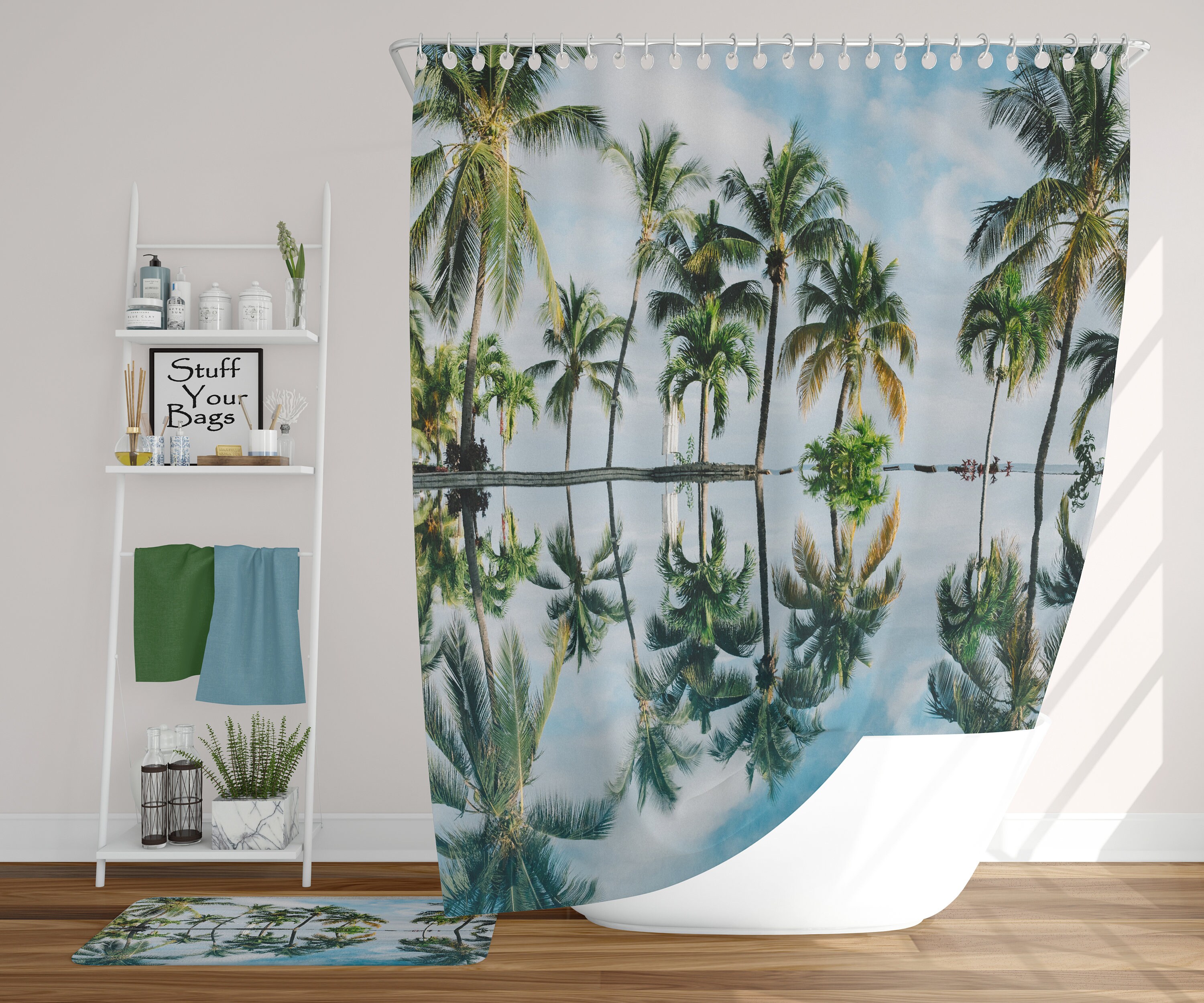 Palm Tree Reflection Shower Curtain, Bathroom Decor, Ocean View