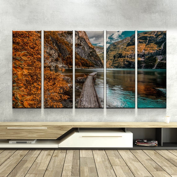 WandKunst Panel Dock Bild, Dekoration Herbst Walk Home Set, Leinwand Herbst Deko Multi Blätter Landschaft, Natur Büro Berghaus