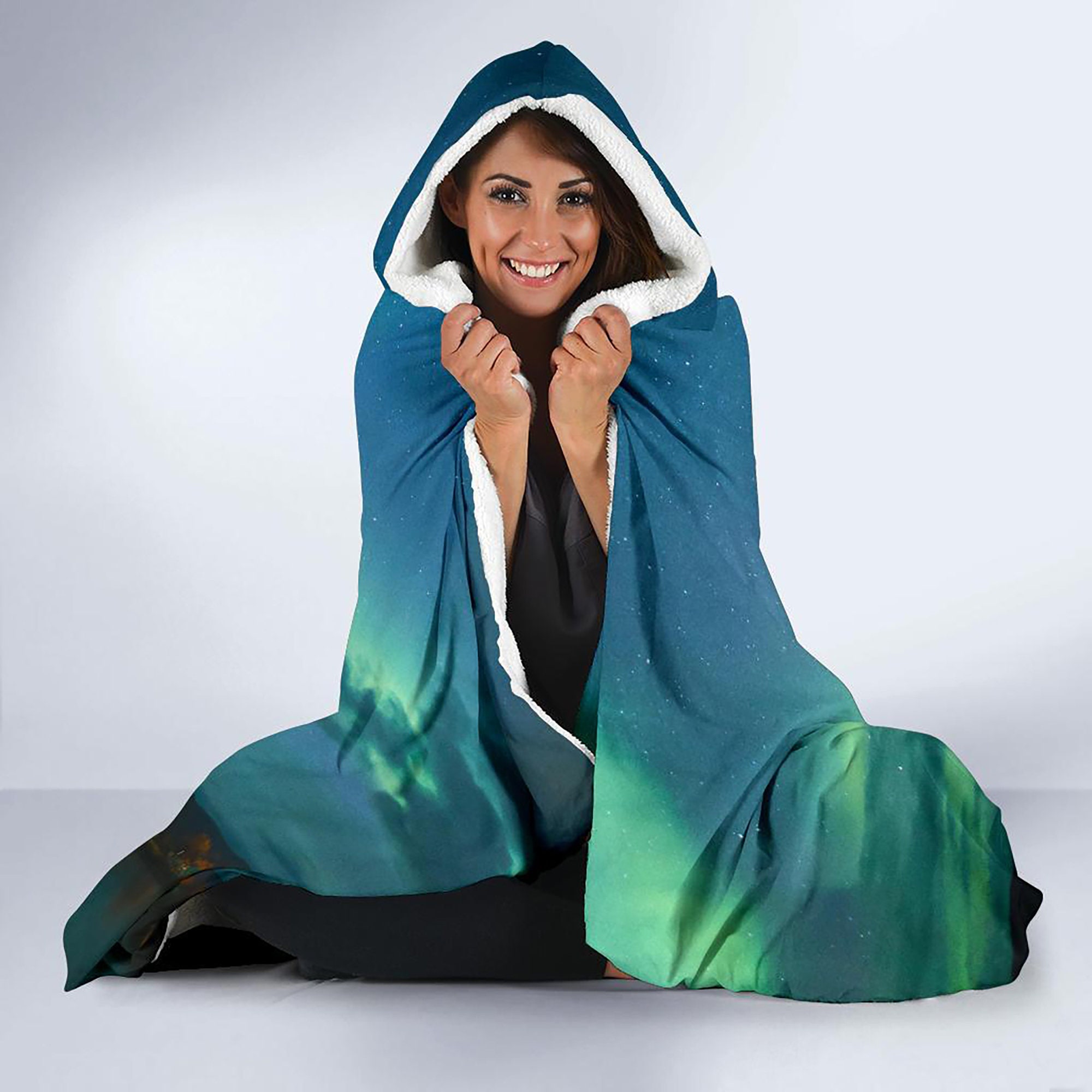 Dancing Night Sky Hooded Blanket, Adult and Youth Sizes, Soft Fleece Blanket with a Hood, Northern Lights Throw, Cozy Aurora Borealis