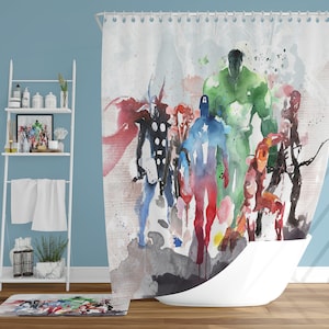 Super Heroes Shower Curtain, Bathroom Decor, Funny Shower Curtain, Comic Artwork, Quirky Bathroom Decor, Kids Watercolor image 3